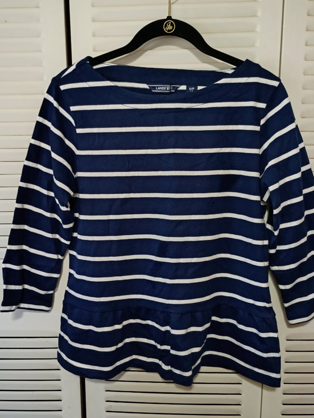 LANDS' END Navy Blue Stripe Nautical Sweater Peplum Hem SP S 6-8 Boat Neck
